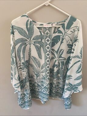Belle Kim Gravel Teal & White Tropical Print Women's semi shear poncho
